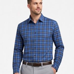 Mizzen+Main Leeward Blue Plaid Performance Dress Shirt M Trim Stretch